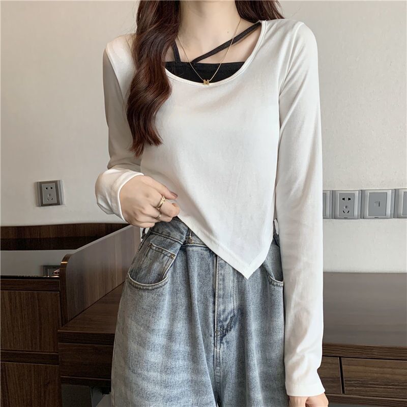 Необычный дизайн футболки, женский топ с длинными рукавами и шейным ремешком, тонкий, тонкий, в стиле пэчворк, искусственный комплект из двух предметов, яркое лето