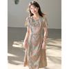Chinese style elegant women's dress with a cinched waist for slimming and comfort, slim fit women's dress, A-line medium length women's dress