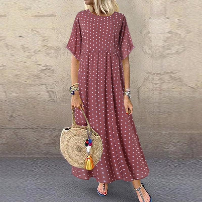 ZANZEA Women Round Neck Polka Dot Print Short Sleeve Summer Dress