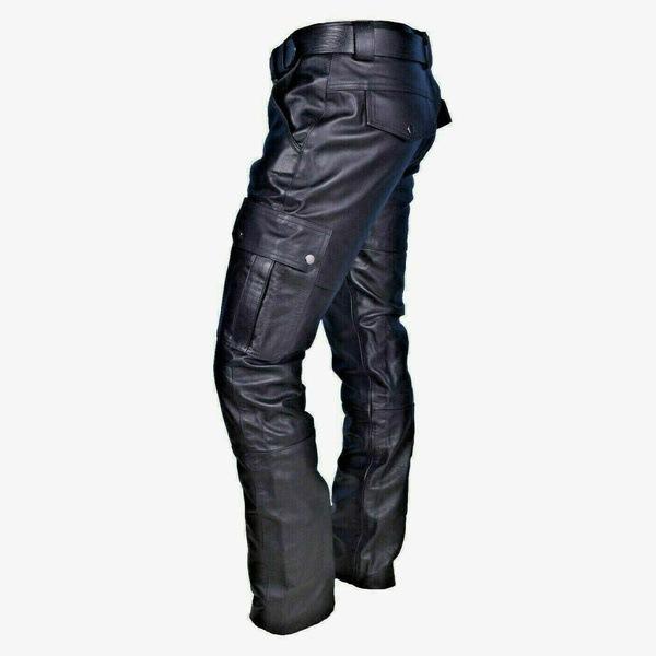 Casual Men's Leather Pants With Adjustable Straps Stylish Comfortable Fit Perfect For Everyday Wear Fashionable Leather Trousers For Men