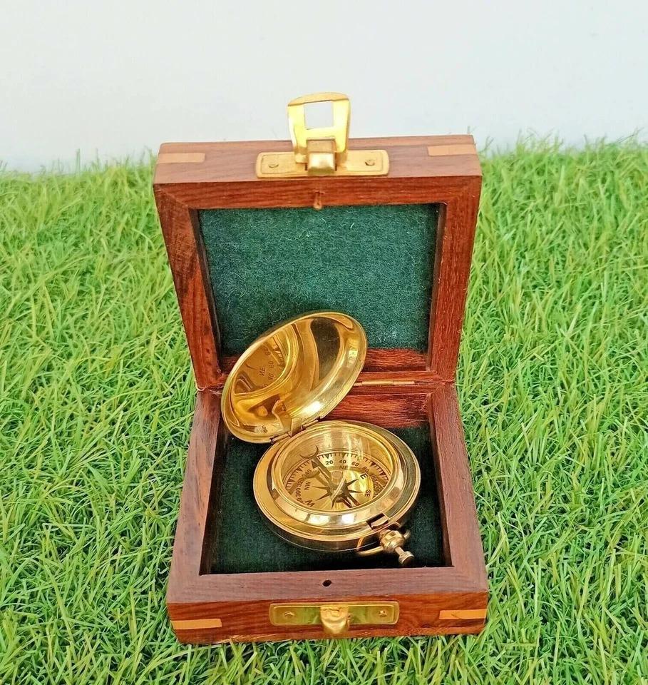 Antique Brass Compass Push Button Pocket Compass With Wooden Box Vintage Gift