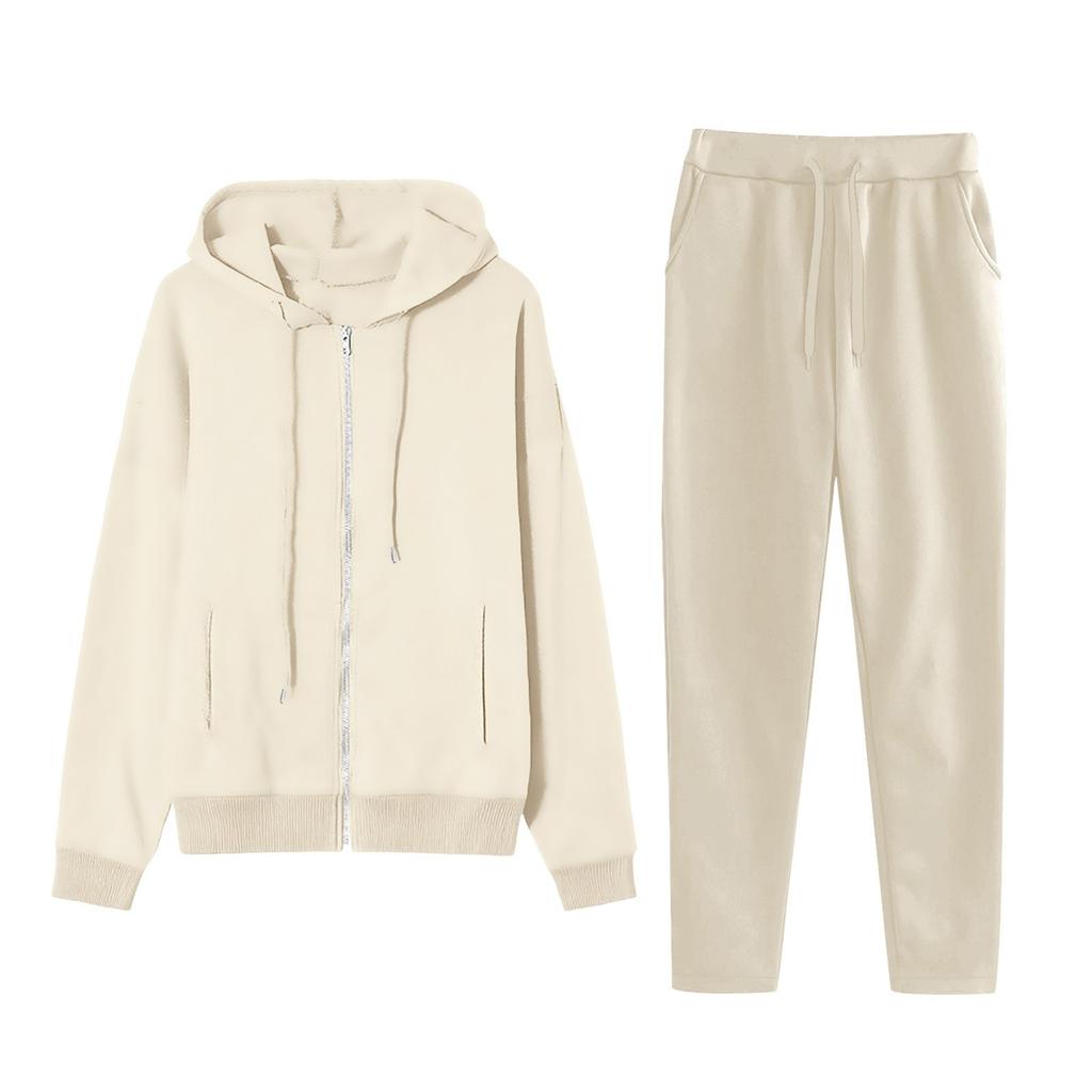 Women's Fashion Solid Color Pullover Casual Fresh Long Sleeve Hooded Sweatshirt Set