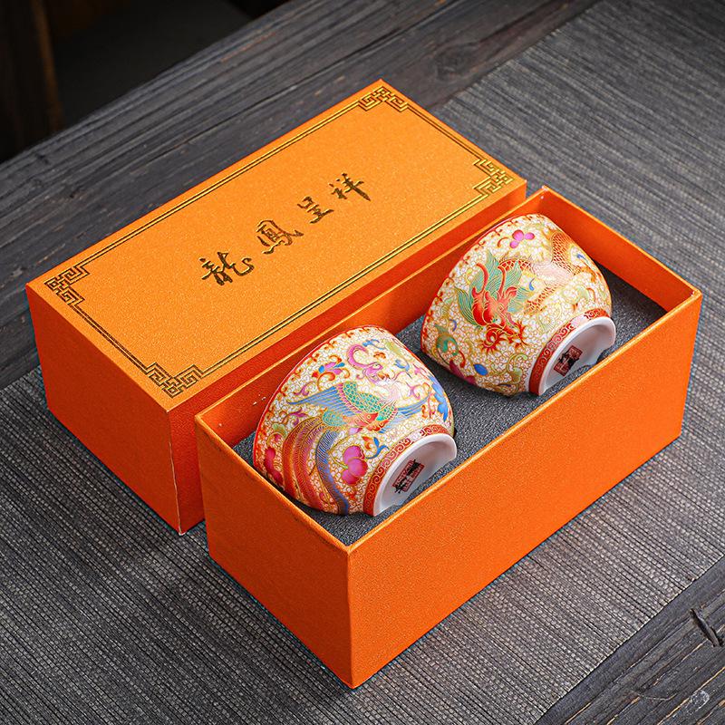 Цзиндэчжэнь Древний Стиль Ручная Работа Ретро Эмаль Мастерская Пара Дракон и Феникс Дегустационная Чашка Чайный Набор