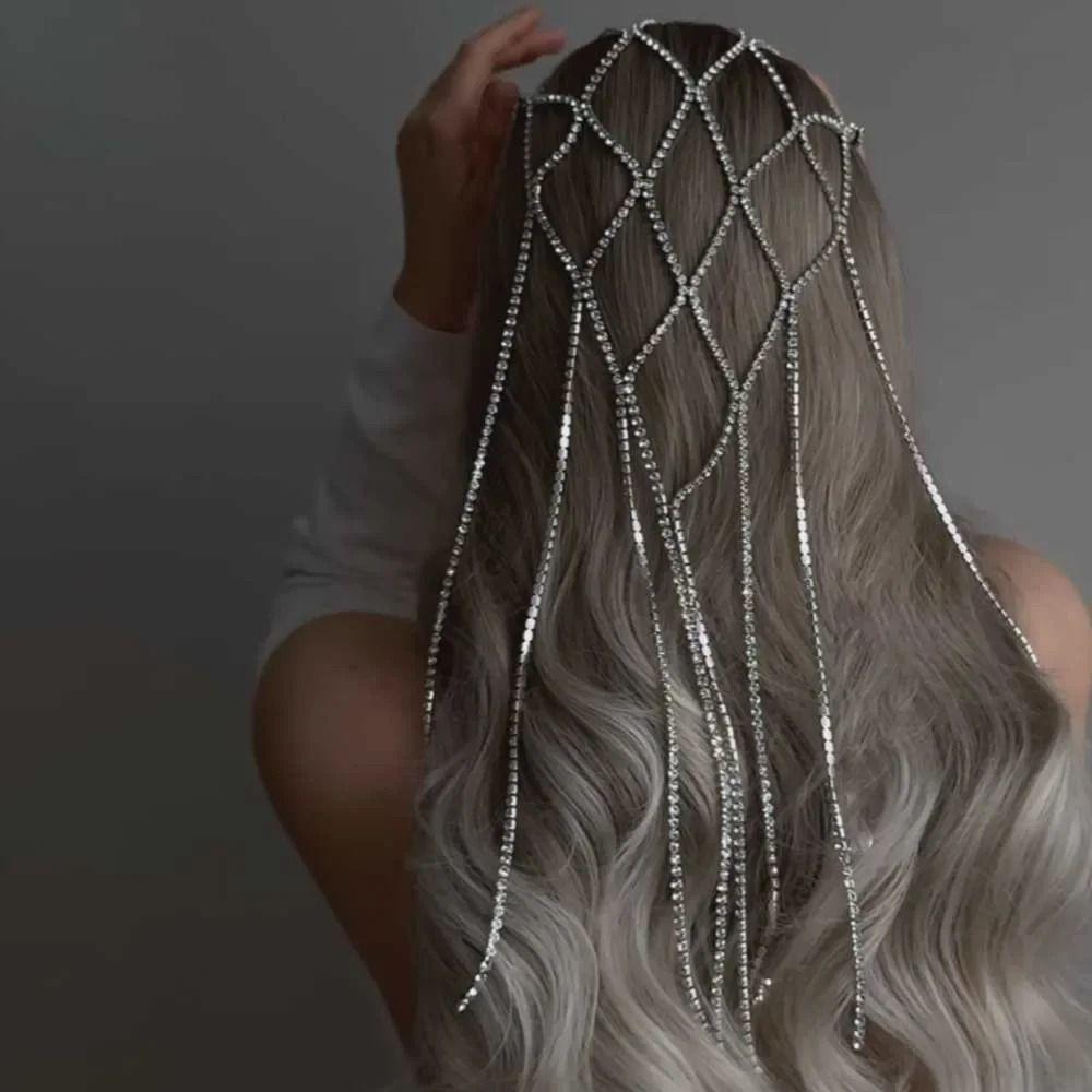 Rhinestone Inlaid Tassel Headdress Long Chain Bridal Headpiece  Bridal Gown