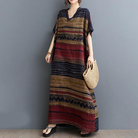 Хлопково-льняное платье макси большого размера для женщин, свободное, с V-образным вырезом и короткими рукавами