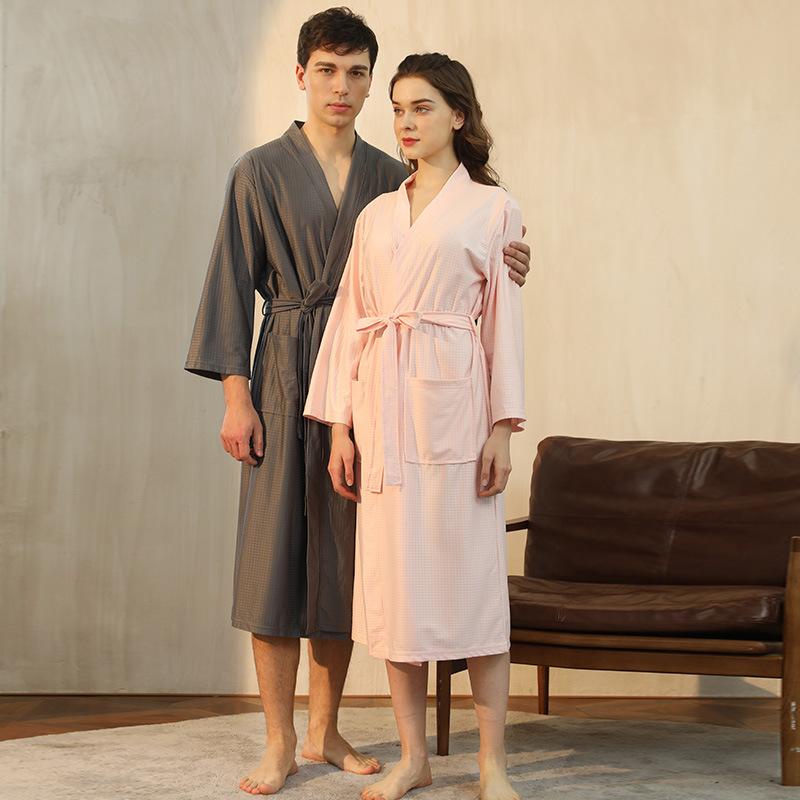 Men's Spring Summer Thin Bathrobe Couple's Lace Up Sleepwear Quick-dry Hotel Spa Robe with Pockets