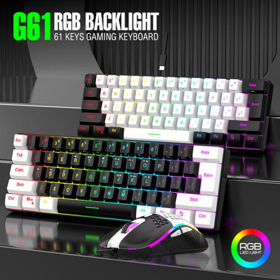 Проводная механическая игровая клавиатура с RGB-подсветкой, универсальная 61 клавиша, мини-проводная офисная клавиатура с мышкой