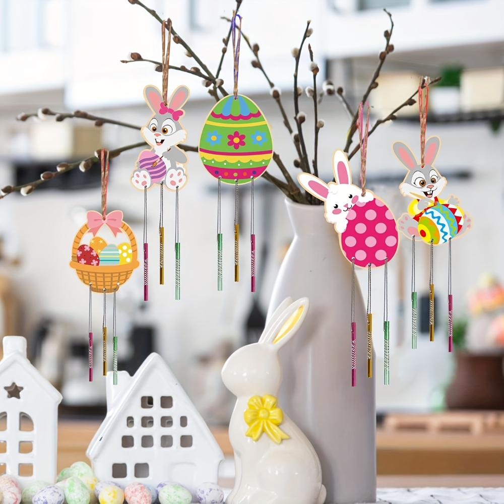 10-set Wooden Easter Wood Chip Wind Chime Set Easter Rabbit Handicrafts Easter Rabbit Wind Chime Handicrafts Paint Art Activity