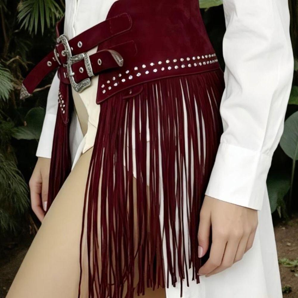 Soft Matte Look Fringe Waist Belt Suede Material Double Buckle Belt Fashion Boho Belt For Women