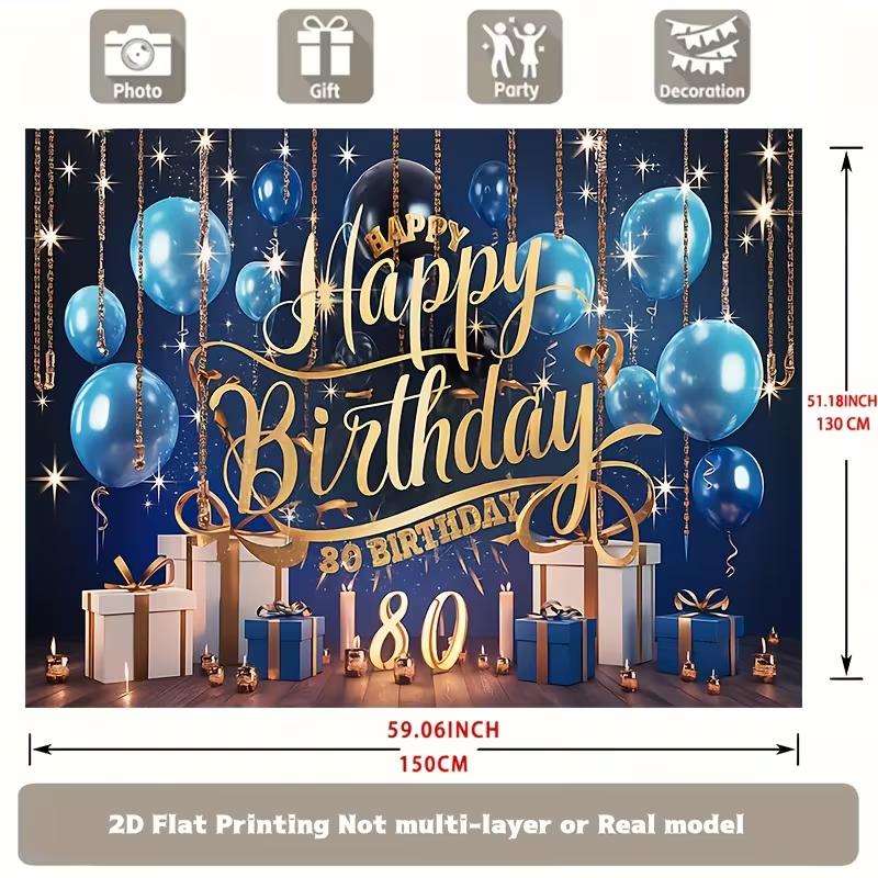 2D Blue Gold 80th Birthday Banner, Elegant Adult 80th Birthday Photography Backdrop