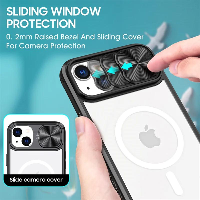 Slide Camera Lens Acrylic For Magsafe Magnetic Wireless Charging Case For iPhone 15 14 Plus 13 12 11 Pro Max XR X S 7 8 Cover