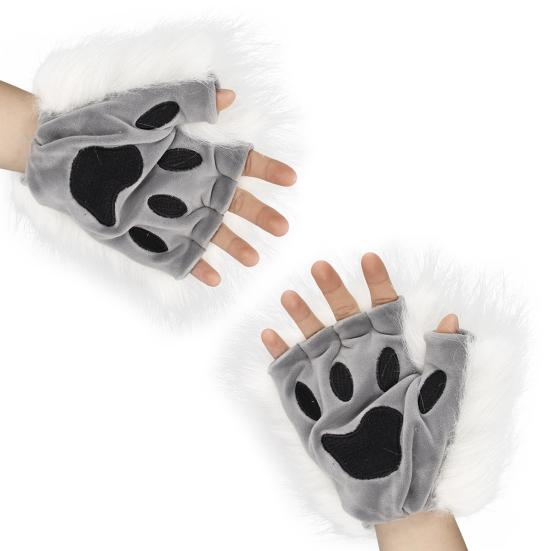 Furry Therian Costume Set for Girls Women Faux Fur Tail Plush Masque Fluffy Paw Gloves Set Fox Cat Wolf Animal Cosplay Accessories for Halloween