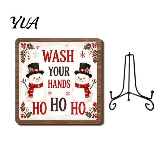Xmas Party Ornament Christmas Wooden Tabletop Decor, 2D Pet Santa with Iron Stand, Rustic Holiday Sign for Home And Cafe Festive Shelf, Solid