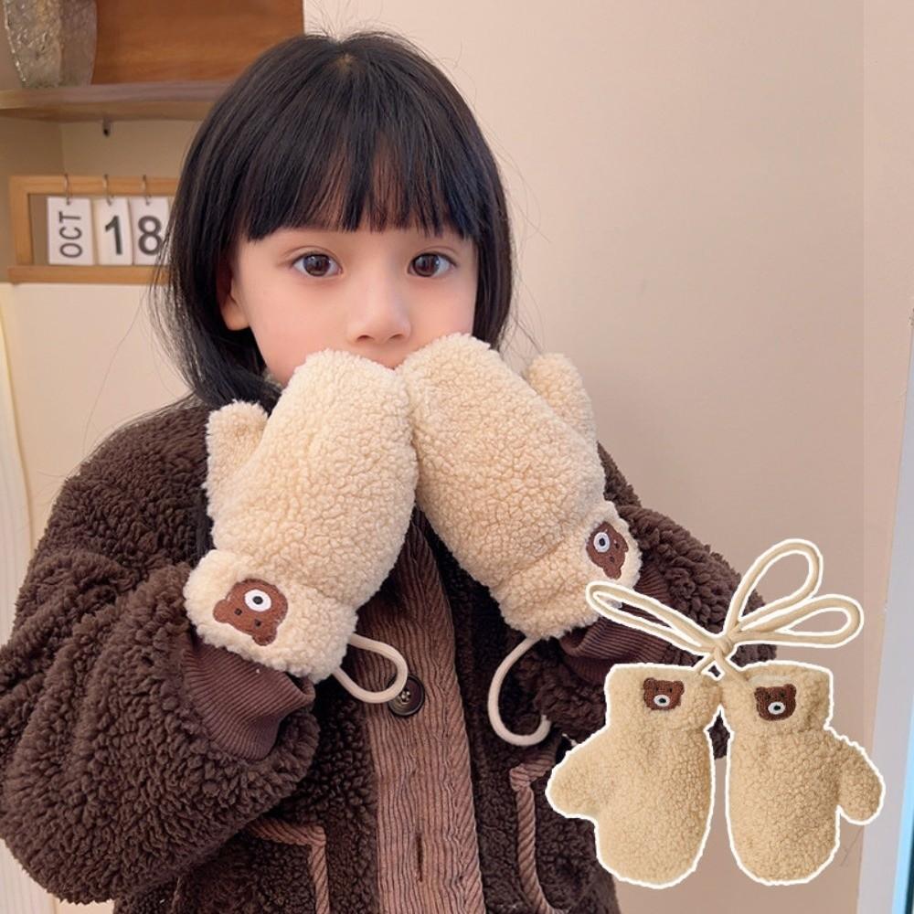 Polyester Bear Plush Mittens Neck Strap Childrens Mittens with Strap For Children 3-8 Years