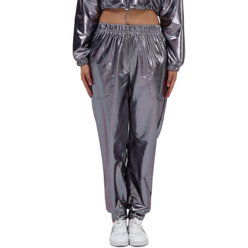 Женские блестящие металлические брюки-джоггеры, повседневные шаровары с высокой талией, голографические брюки в стиле хип-хоп, уличная одежда