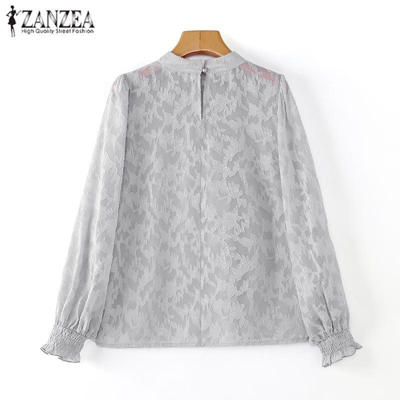 ZANZEA Women Elegant High Neck Lantern Long Sleeve Transparent Lace Blouses
