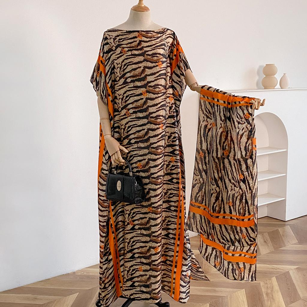 New Leopard Print Fashion Oversize African Women Clothing Dubai Dashiki Abaya Free Size Print Design With Scarf Loose Long Dress