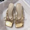 Модные тапочки с бантом Женские босоножки на высоком каблуке Обувь с квадратным носком Элегантные летние 2025 Туфли-лодочки Роскошные Туфли на каблуке Трендовые Босоножки с открытым носком Повседневные шлепанцы