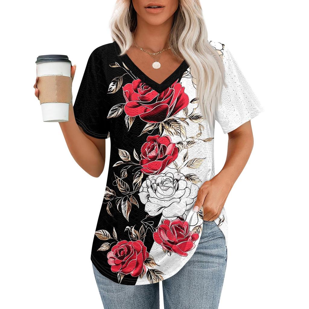 Womens T Shirts V Neck Short Sleeve Casual Tops Loose Fit Basic Tees With Curved Hem