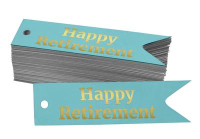 Набор из 100 бумажных бирок-сувениров «Счастливой пенсии» с крафтовой подвеской из настоящей золотой фольги