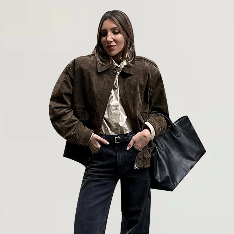 Retro Collar Zipper Jacket Women's Streetwear Loose Casual Coat Fashionable Motorcycle Jacket