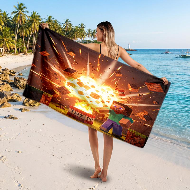 Minecraft Printed Swim Towel, Portable Water Absorbent Towel for Beach Camping Daily Bathroom Use