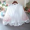 Floral Embroidered Contrast Lace Loose Blouse, Elegant Long Sleeve Split Back Notched Neck Blouse, Women's Clothing