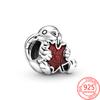 Genuine 925 Sterling Silver Pink Enamel Maple Leaf Bunny Charm Fit Original Fashion Bracelet Women Statement Fashion Jewelry