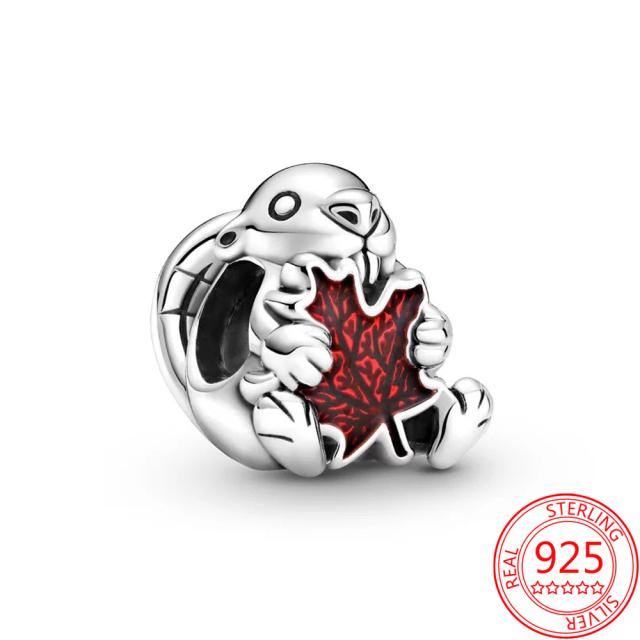 Genuine 925 Sterling Silver Pink Enamel Maple Leaf Bunny Charm Fit Original Fashion Bracelet Women Statement Fashion Jewelry