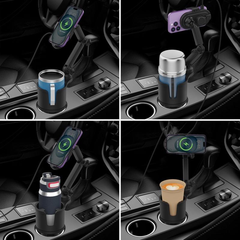 3-in-1 Car Phone Holder With Wireless Charger Cup Mount 66W Fast Charging Aluminum Alloy Dashboard Clip-on