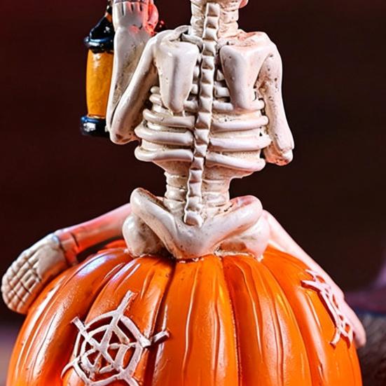 Halloween Pumpkin Skeleton Figurine, LED Light-Up Decorative Pumpkin Lantern, Spooky Holiday Decoration for Halloween Parties & Ghost Festivals
