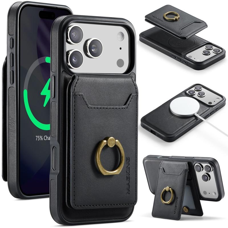 Съемный кожаный чехол-кошелек 2-в-1 для iPhone 17 16 Pro Max 15 14 Plus Air 16E 17E 13 12 с кольцом и карманами для карт MagSafe