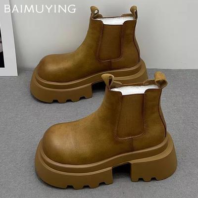 Кожаные женские зимние ботильоны на платформе и среднем каблуке, дизайнерские массивные мотоциклетные ботинки 2024 года, трендовая зимняя мода, Botas Mujer