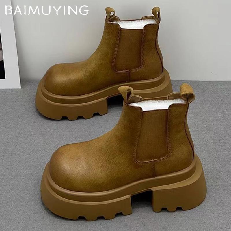 Кожаные женские зимние ботильоны на платформе и среднем каблуке, дизайнерские массивные мотоциклетные ботинки 2024 года, трендовая зимняя мода, Botas Mujer