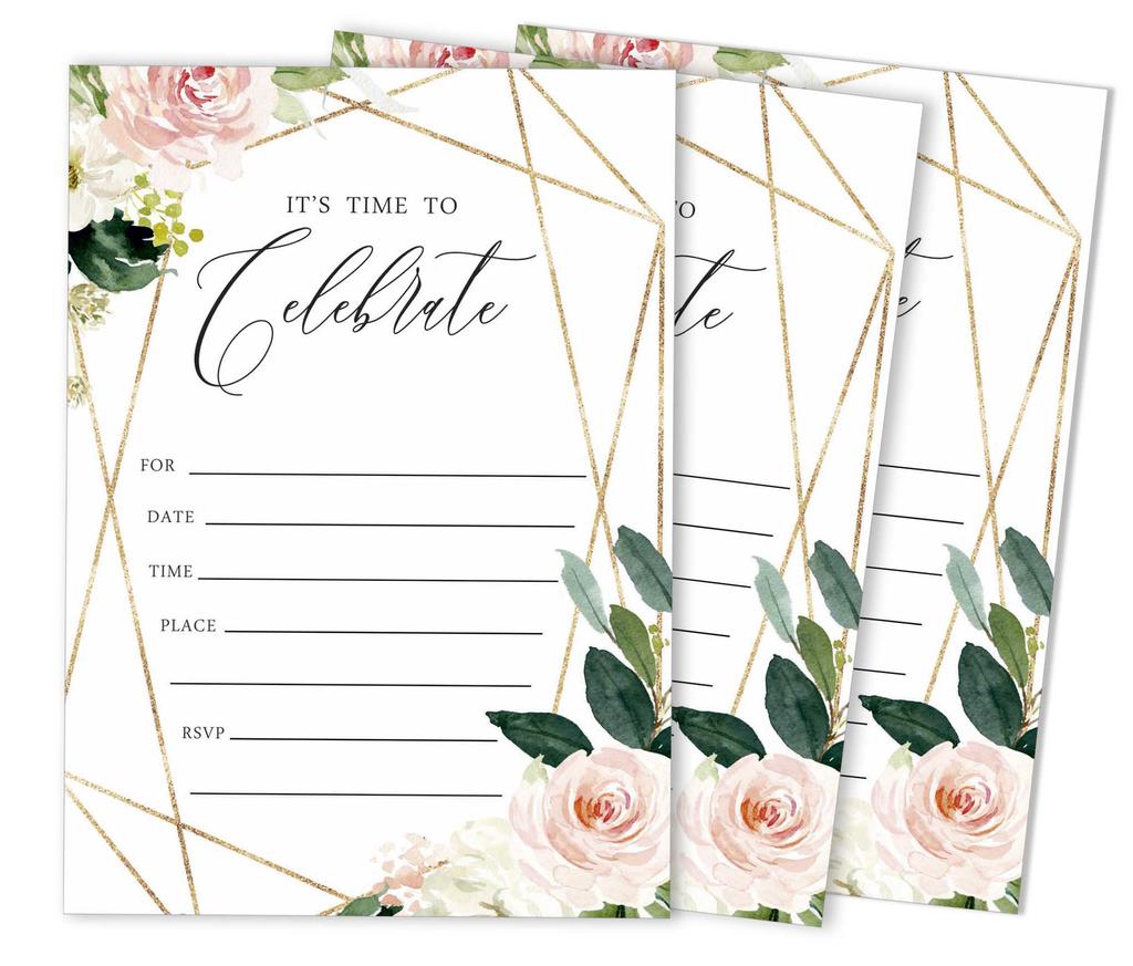 Inkdotpot Набор из 30 штук, Время праздновать, Приглашения с конвертами, Геометрические румяна, Цветочные, Зелень, Акварельные приглашения на вашу свадьбу