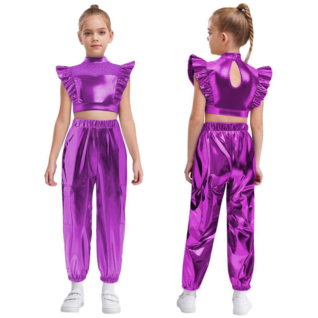 Girls Hip-Hop Dance Costume Mock Neck Rhinestone Mesh Patchwork Sleeveless Metallic Ruffle Top Paired with Shiny Cargo Pants for Competition