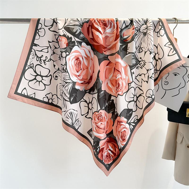New Rose Printed Designer Large Square Scarf Spring and Autumn Warm Floral Scarf Twill Silk Head Scarf Women 90cm Shawl Luxury
