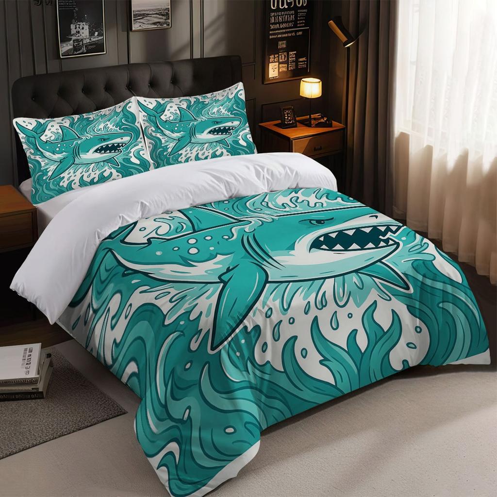 Shark Bedding Set 2/3 Piece Sea Life Print Microfiber Duvet Cover with Zipper Pillowcase, Bedroom Decoration Gift for Boys