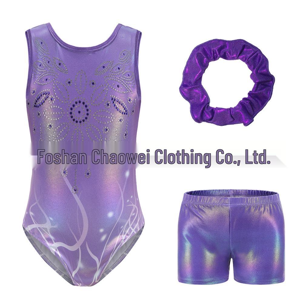 Детский гимнастический купальник со стразами, комплект со шортами для танцев и головным убором.