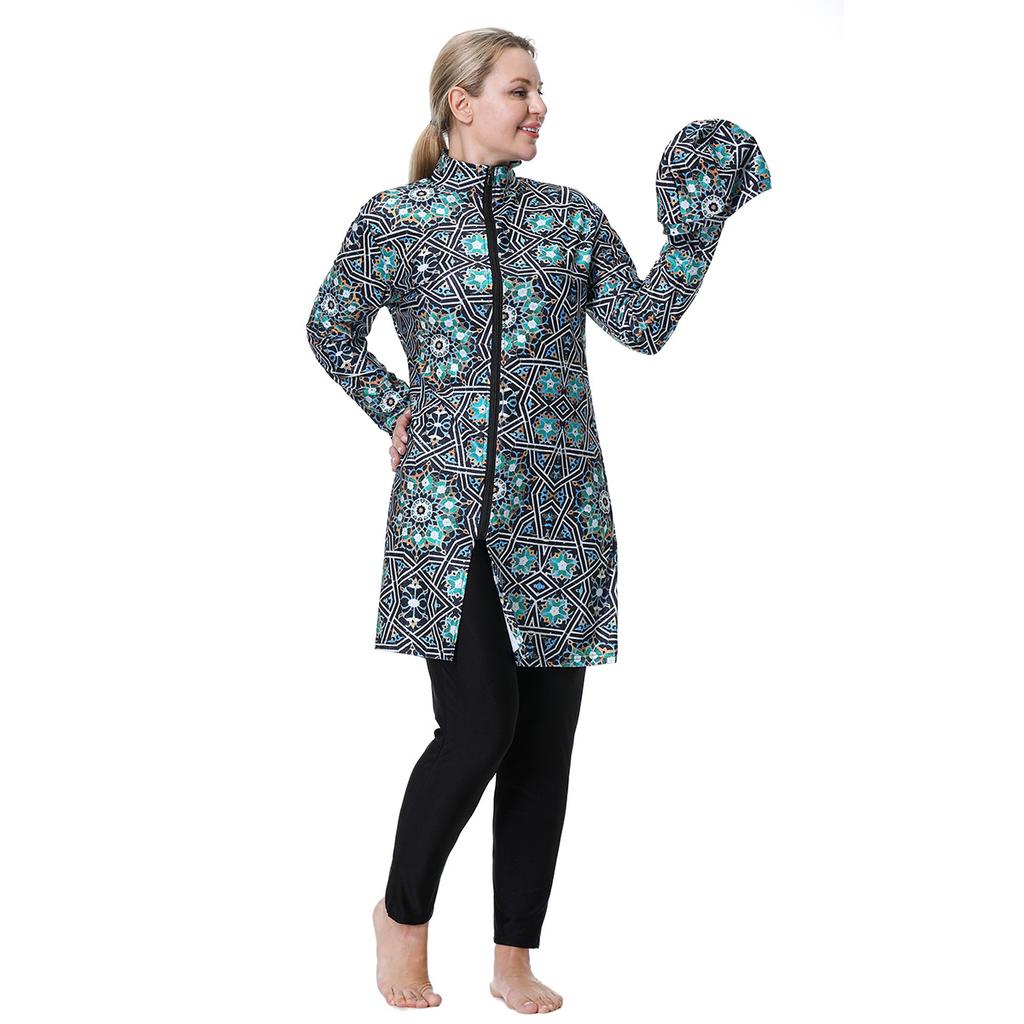 3XL-8XL Women Muslim Muslimah Swimwear Full Coverage Flower Patterned Zippered Women Swimming Suit Comfortable Highly Elastic 3 Pieces Beachwear