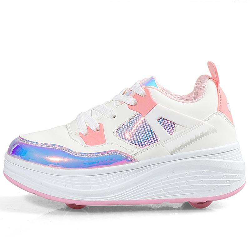 Детские роликовые коньки с четырьмя колесами, съемная плоская спортивная обувь для девочек, розовые роликовые коньки, спортивная обувь, розовые кроссовки