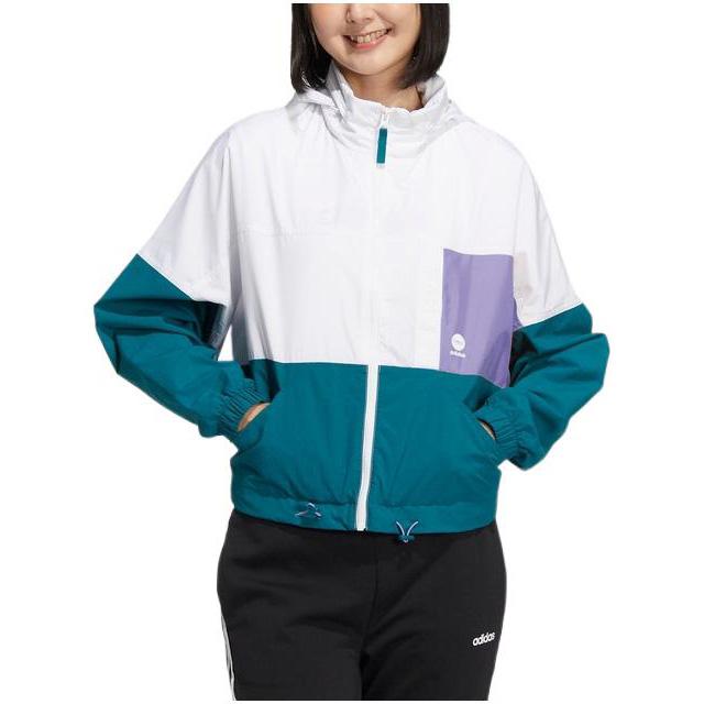 adidas Дышащая спортивная тканая куртка с капюшоном неоконтрастного цвета, женская куртка, белый, зеленый, HM7442