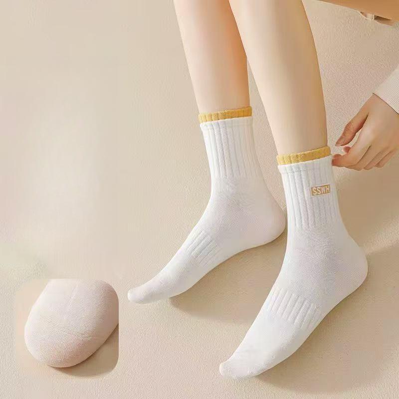 5 пар женских хлопковых носков средней длины, бесшовные, дышащие, однотонные, повседневные
