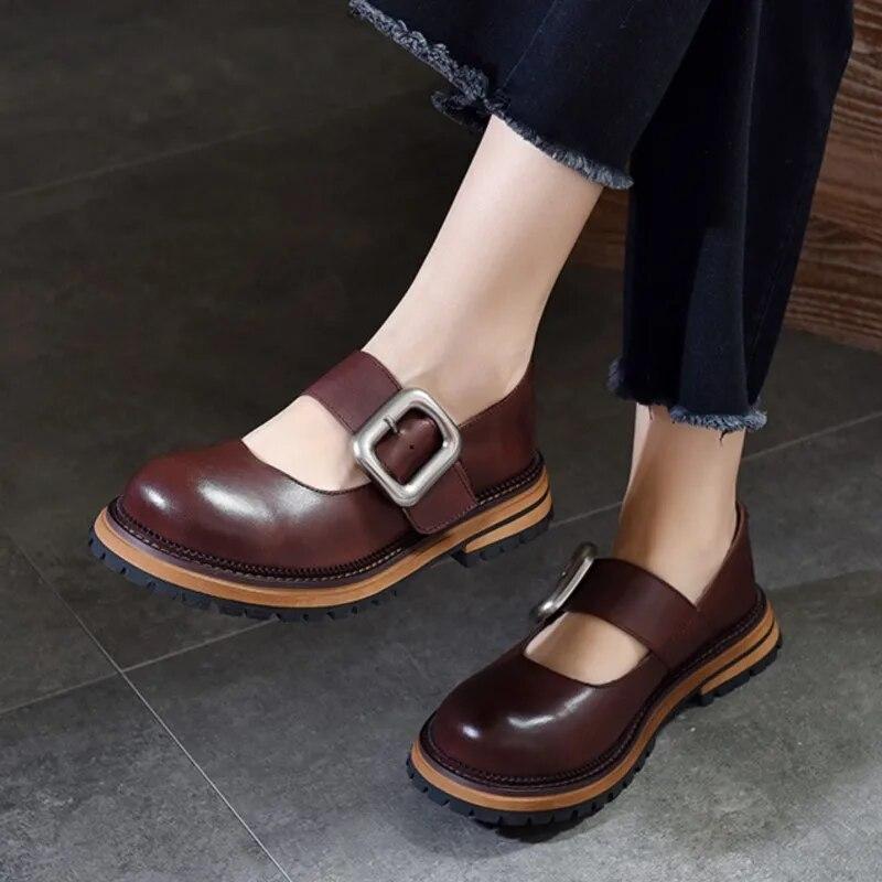 Johnature Модные универсальные туфли Мэри Джейн с металлической пряжкой и круглым носком на толстой подошве, женская обувь из натуральной кожи