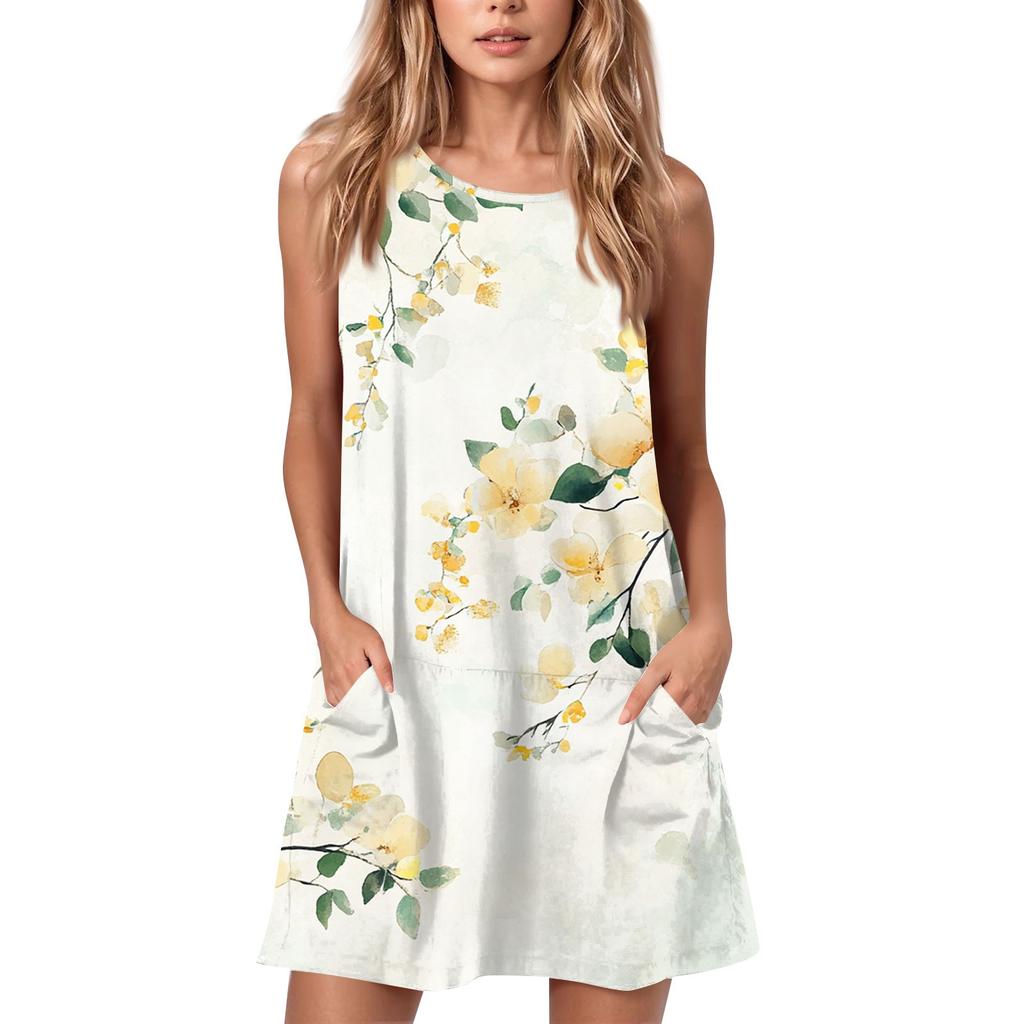 Женское летнее повседневное платье с круглым вырезом и принтом, платье без рукавов с карманами