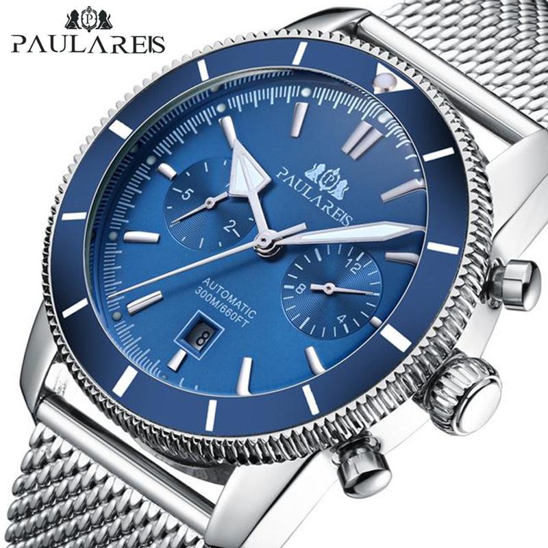 Paulareis Полностью автоматические механические многофункциональные часы с ночным светом и сетчатым стальным ремнем, мужские часы Super Ocean, автоматические часы