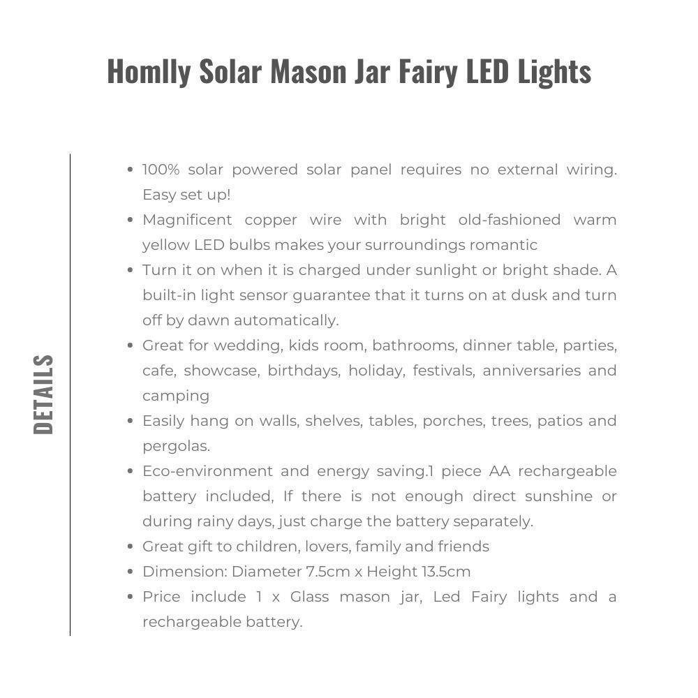 Homlly Solar Mason Jar Fairy LED Lights (X2 PCS)