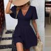 Summer Deep V-Neck Ruffle Sleeve Solid Color Range Dress