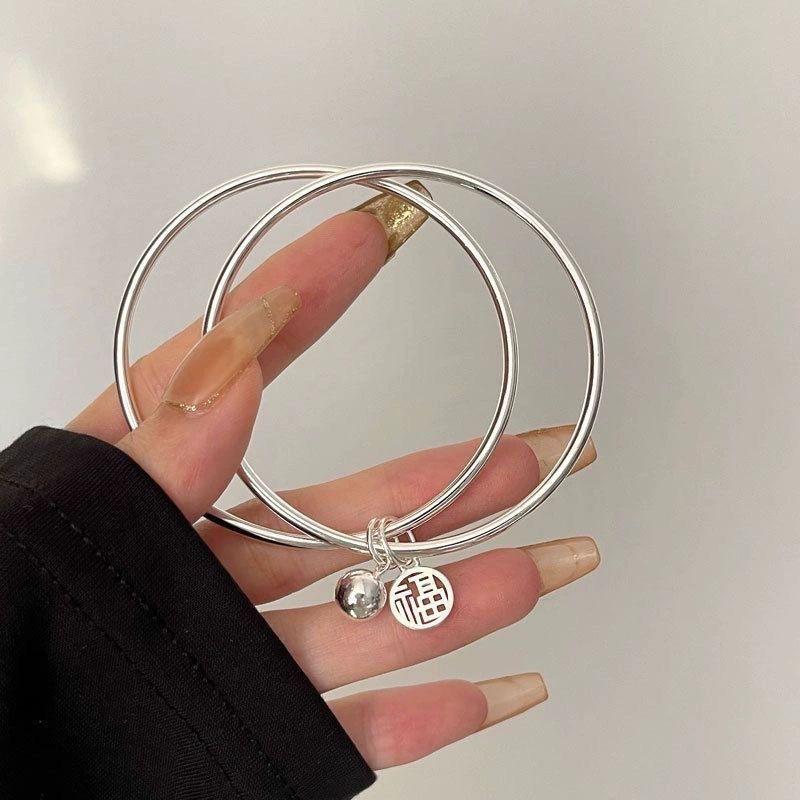 Silver Double Ring Blessing Bracelet: Sleek Ins Style, Niche Design, High-End Women's Accessory