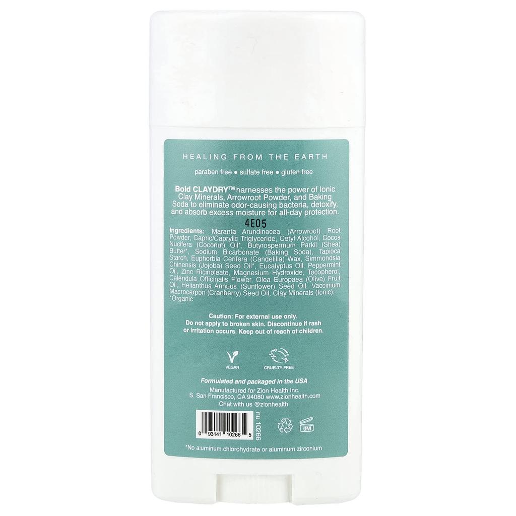 Zion Health Bold, Clay Dry Deodorant, Eucalyptus Mint, 80g (2.8oz)